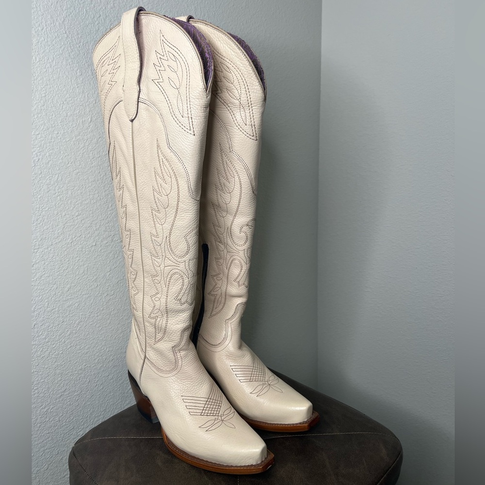 Women's Cream/white authentic tall cowboy boot. Genuine leather.